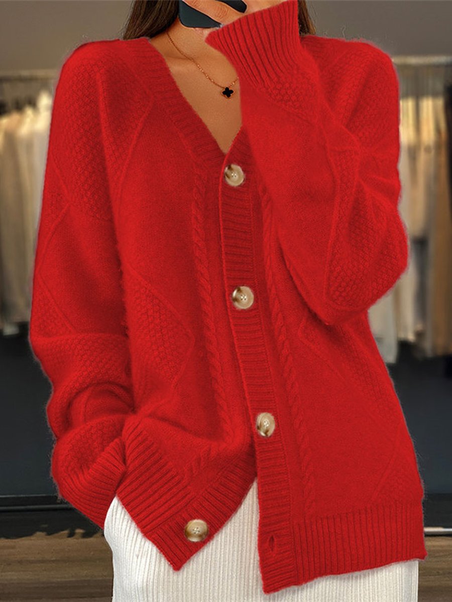 Soft women's cable knit V-neck cardigan in a stylish design, ideal for casual wear or an elegant outfit.