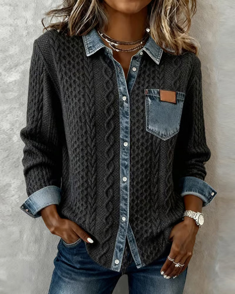 Women's elegant cable pattern button front blouse with long sleeves and classic collar.