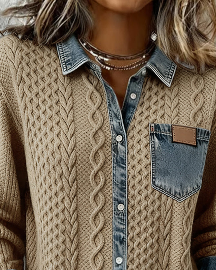 Close-up of intricate cable pattern and buttons on a women's long sleeve fashion blouse.