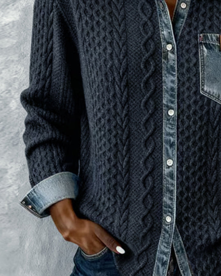 Full view of a women's cable pattern button front blouse, an elegant and versatile long sleeve top.