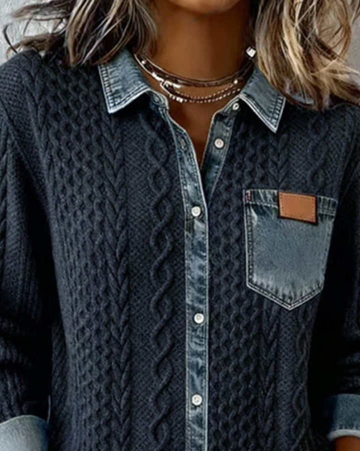 Casual chic women's long sleeve cable knit blouse, button front, collared fashion top.