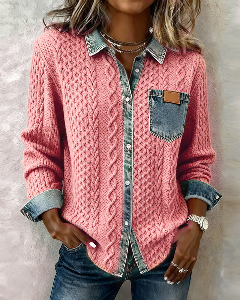 Textured cable knit long sleeve blouse for women, featuring a stylish button front.