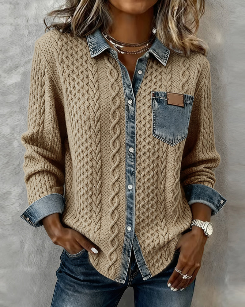 Elegant women's cable knit collared blouse with button front, perfect for casual chic or workwear.