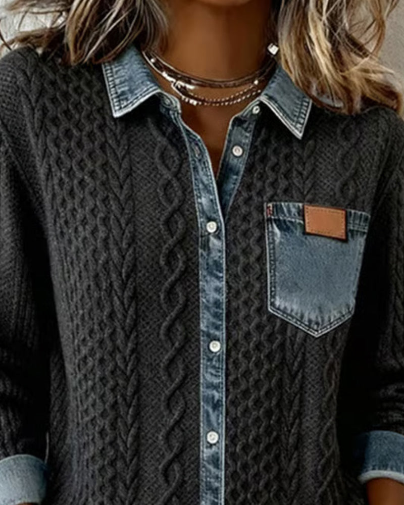 Stylish women's cable knit fashion top, a collared button front blouse with elegant long sleeves.