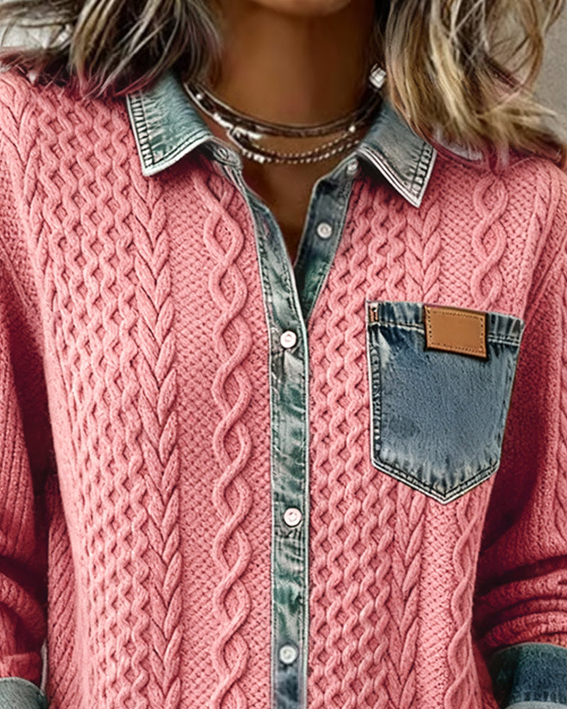 Classic long sleeve cable pattern women's blouse with a timeless button front design.