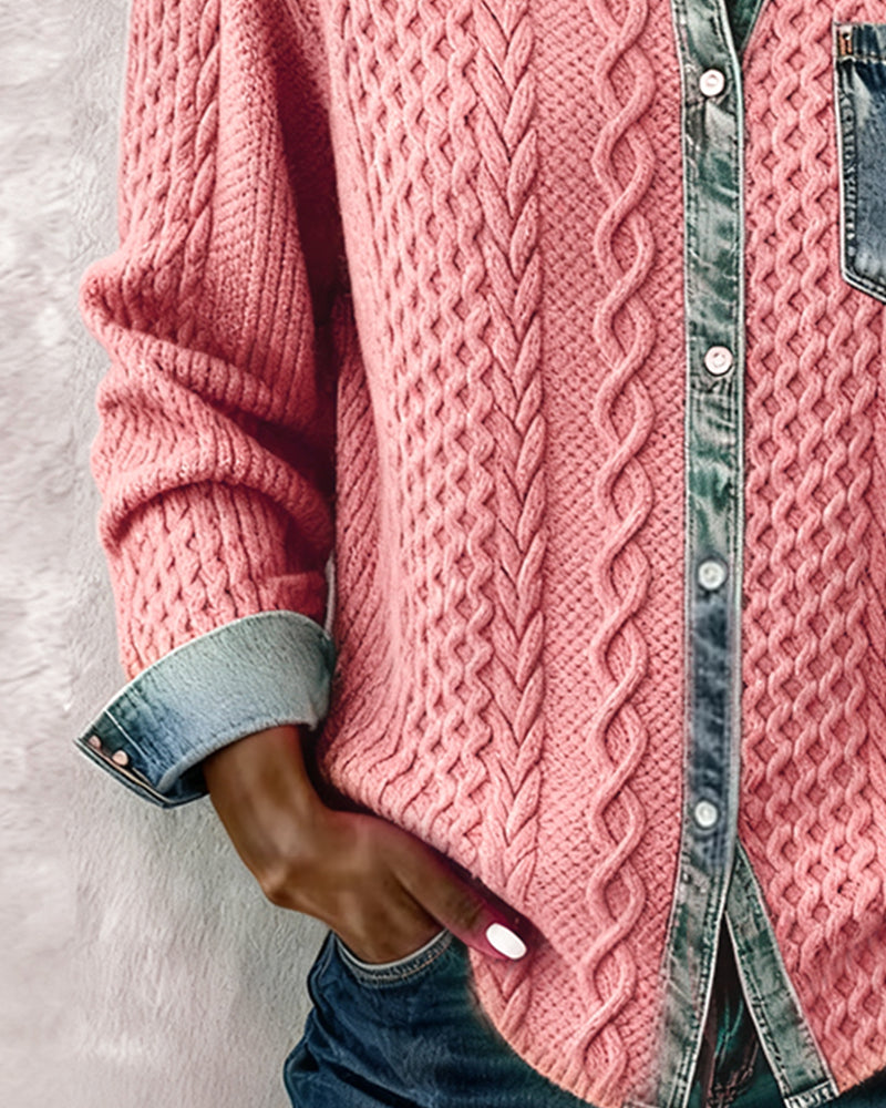 Elegant textured cable knit collared blouse for women, a sophisticated button front top.