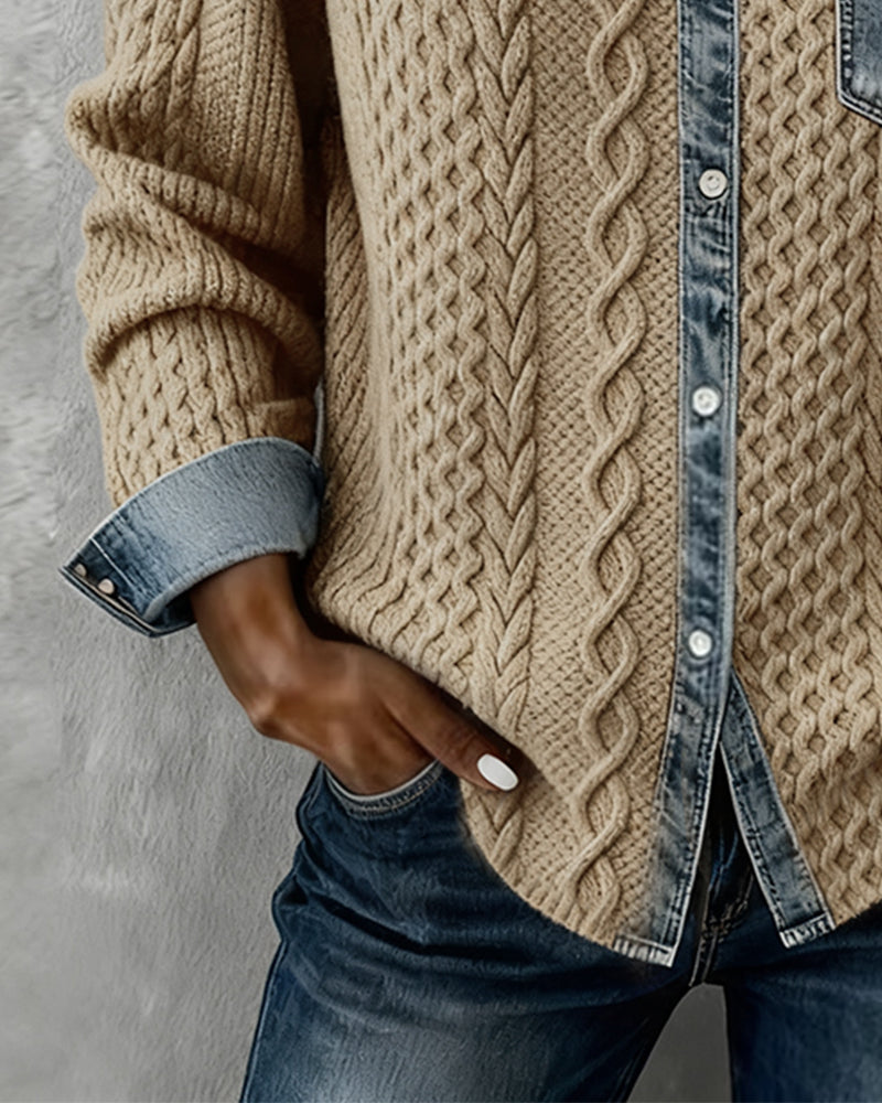 Women's button front cable knit blouse, long sleeve and collared, a fashionable workwear choice.
