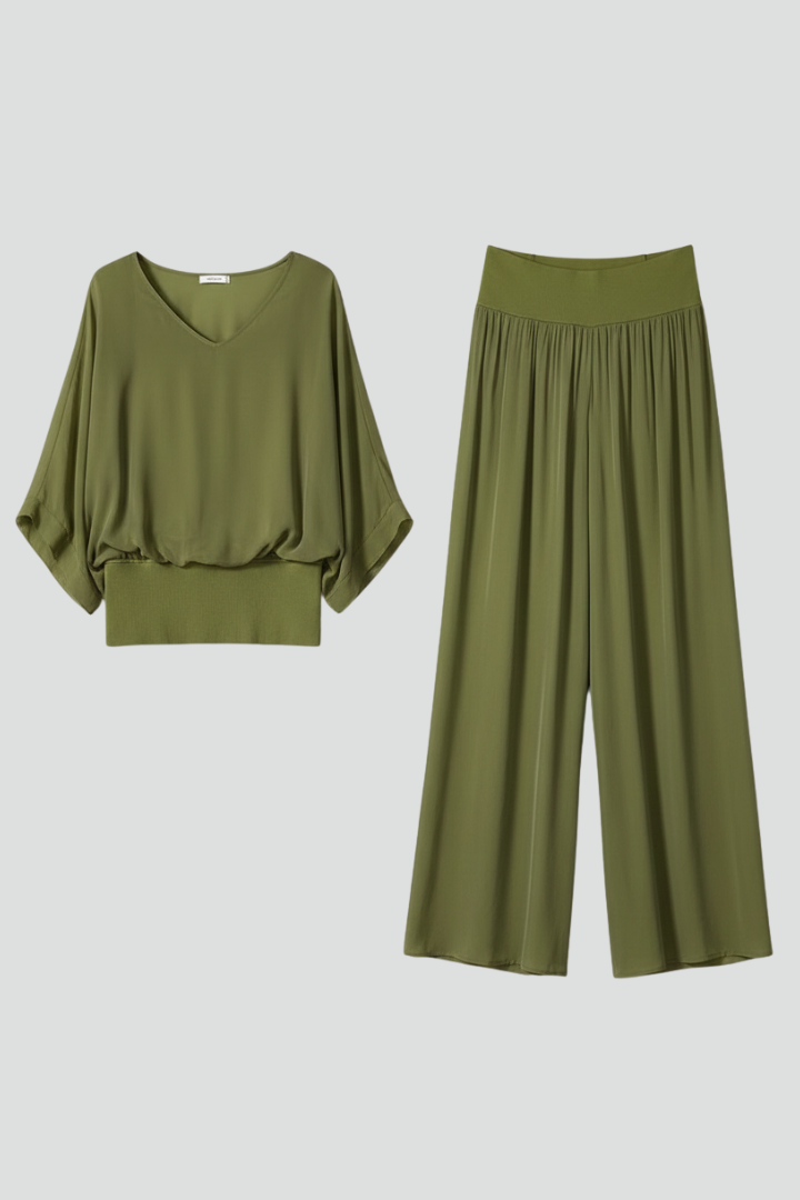 Women's elegant chiffon two-piece wide-leg set, perfect for summer resort wear.