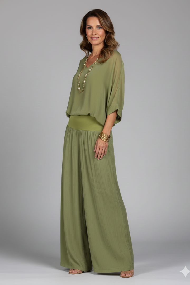 Comfortable women's chiffon matching set with wide-leg pants, a versatile summer outfit.