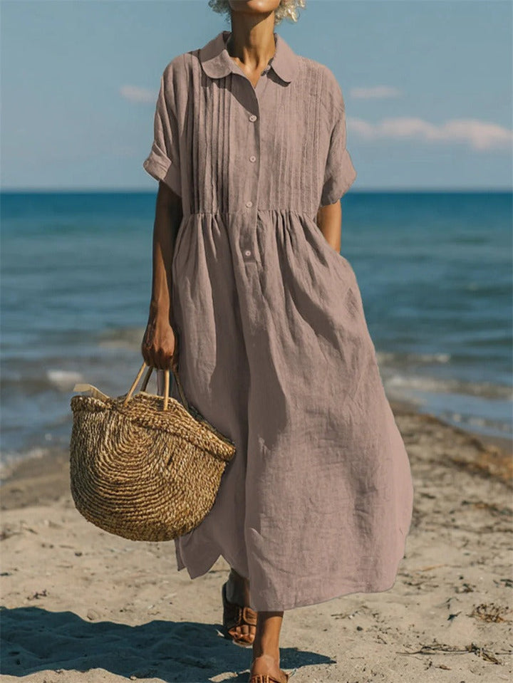 Chic women's collared button midi dress, perfect for versatile everyday wear & summer comfort.
