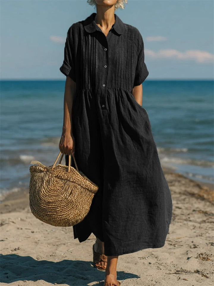 Women's elegant button-front collared midi dress, a comfortable & stylish choice for day wear.