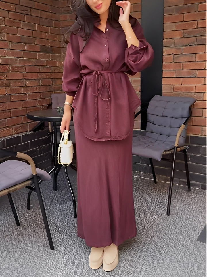 Versatile women's long-sleeve button shirt and flowy maxi skirt two-piece set for various occasions.