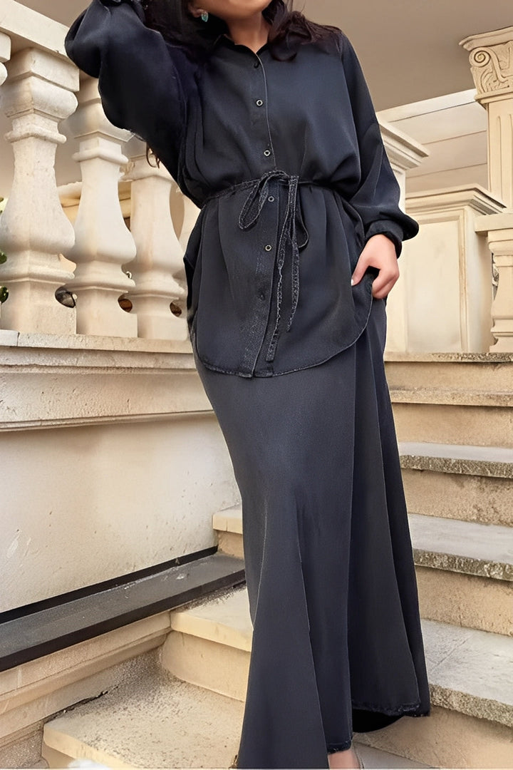 Dressy-casual women's coordinated maxi skirt & button shirt set, ideal for office wear or stylish outings.