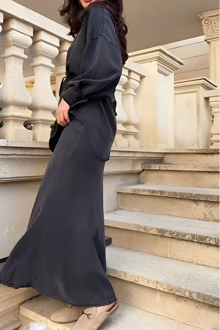 Comfortable & stylish women's coordinated set with a button shirt and a flowing maxi skirt. Elegant fashion.