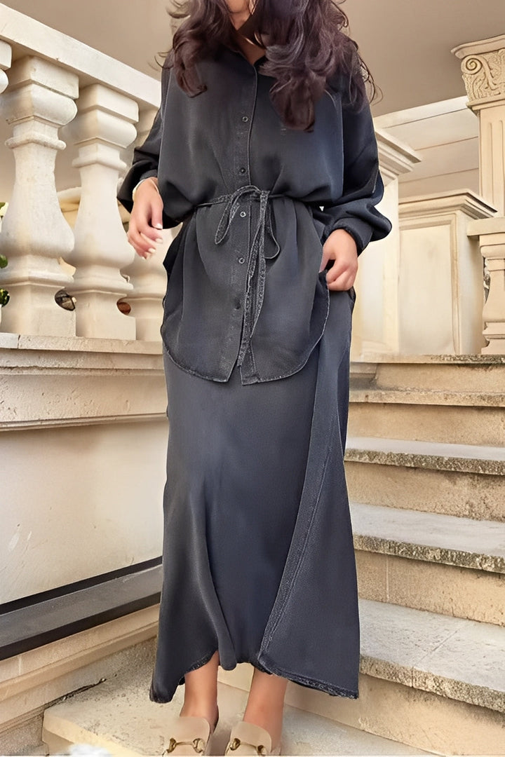 Modern women's long-sleeve button shirt & maxi skirt set. A versatile two-piece outfit for all seasons.
