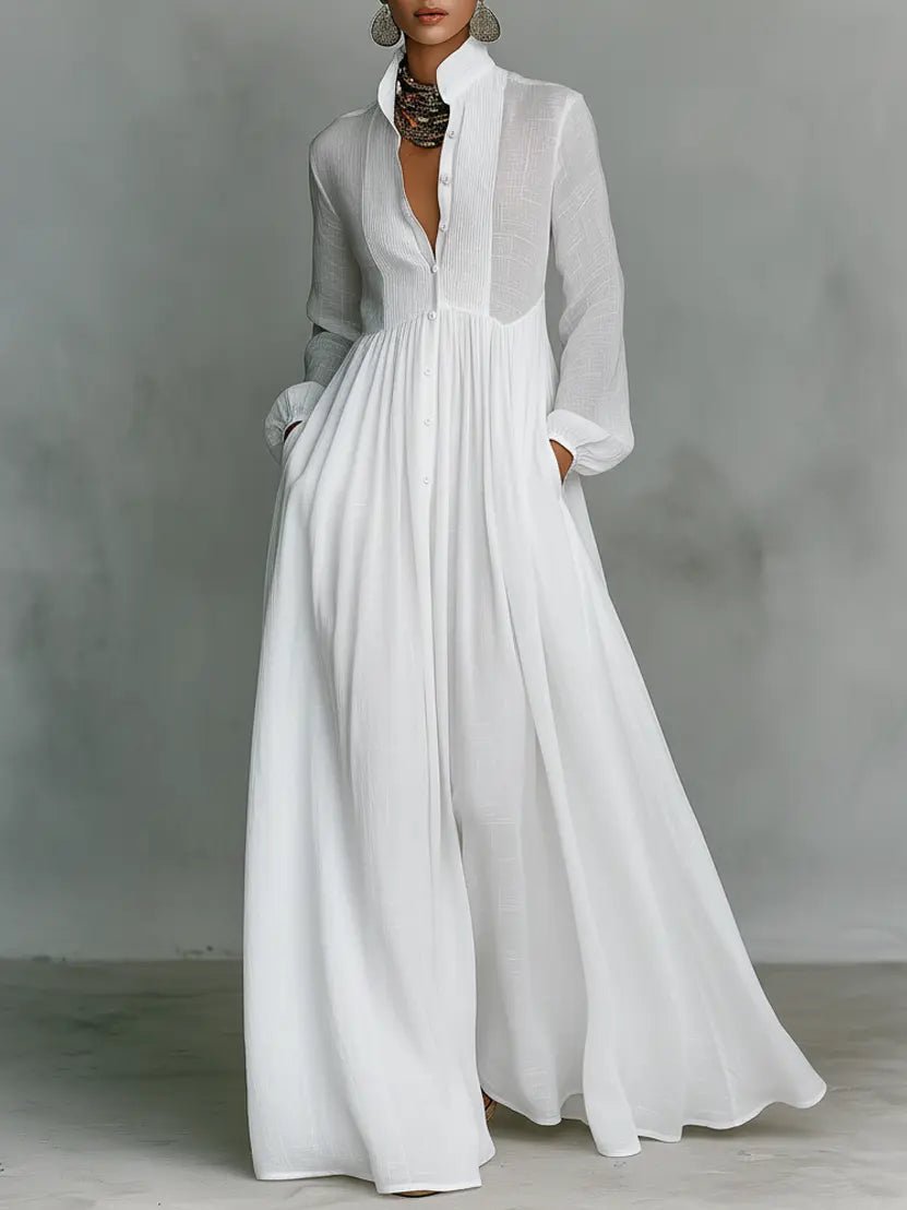 Women's elegant cotton linen maxi dress with stand collar, button front, and subtle patchwork detail.