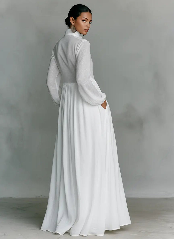 Versatile women's cotton linen maxi dress. Stand collar, button front, ideal for spring/summer work or casual.