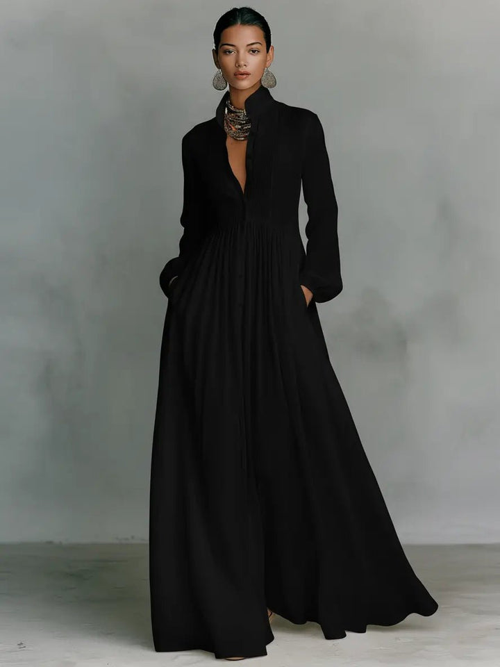 Chic women's stand collar button-front maxi dress in comfortable cotton linen with elegant patchwork.