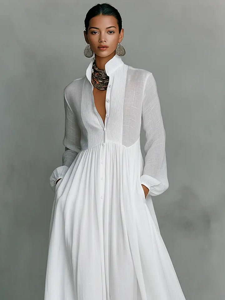 Comfortable women's button-front maxi dress, cotton linen. Stand collar, perfect for versatile work or casual wear.