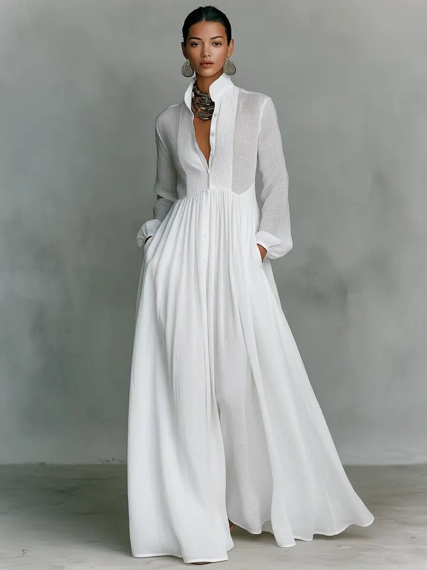 Women's sophisticated patchwork maxi dress made from breathable cotton linen, featuring stand collar & button front.