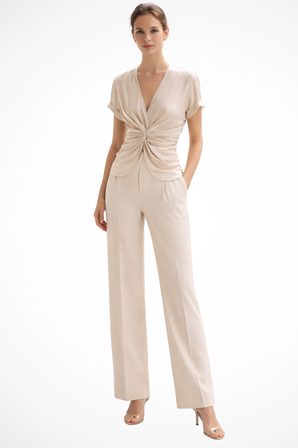Women's elegant cream V-neck twist front blouse, short sleeve, versatile for work or casual wear.
