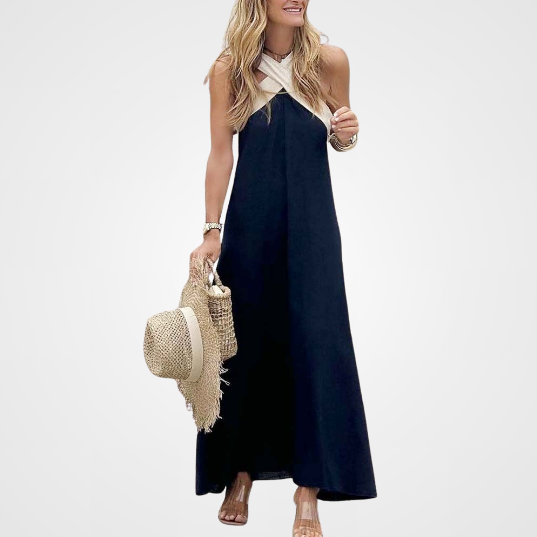 Women's elegant cross-neck A-line summer dress in a flattering fit.