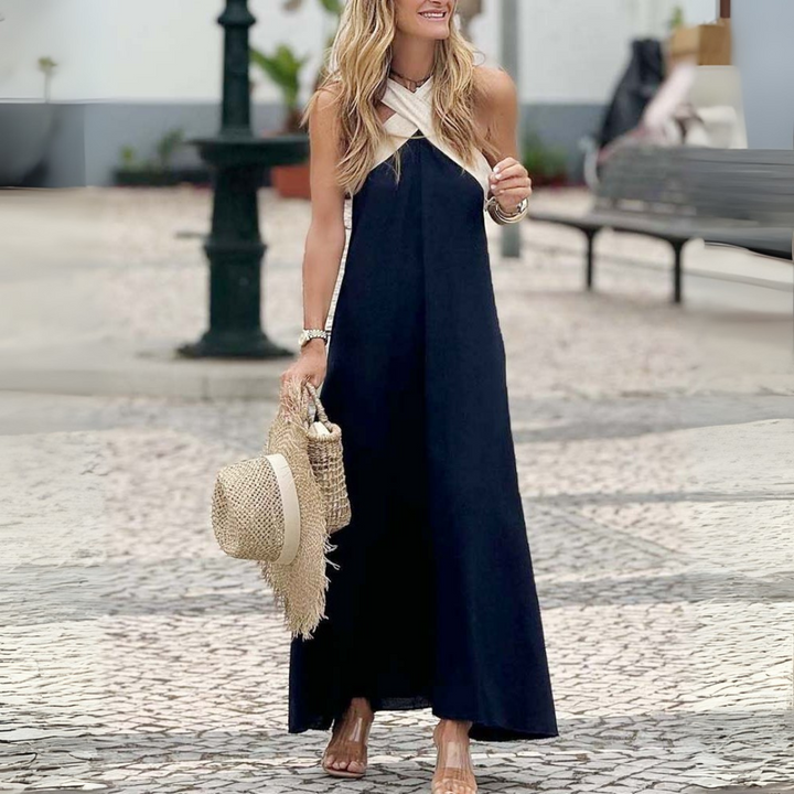 Comfortable elegant summer dress with a stylish cross-neck design.