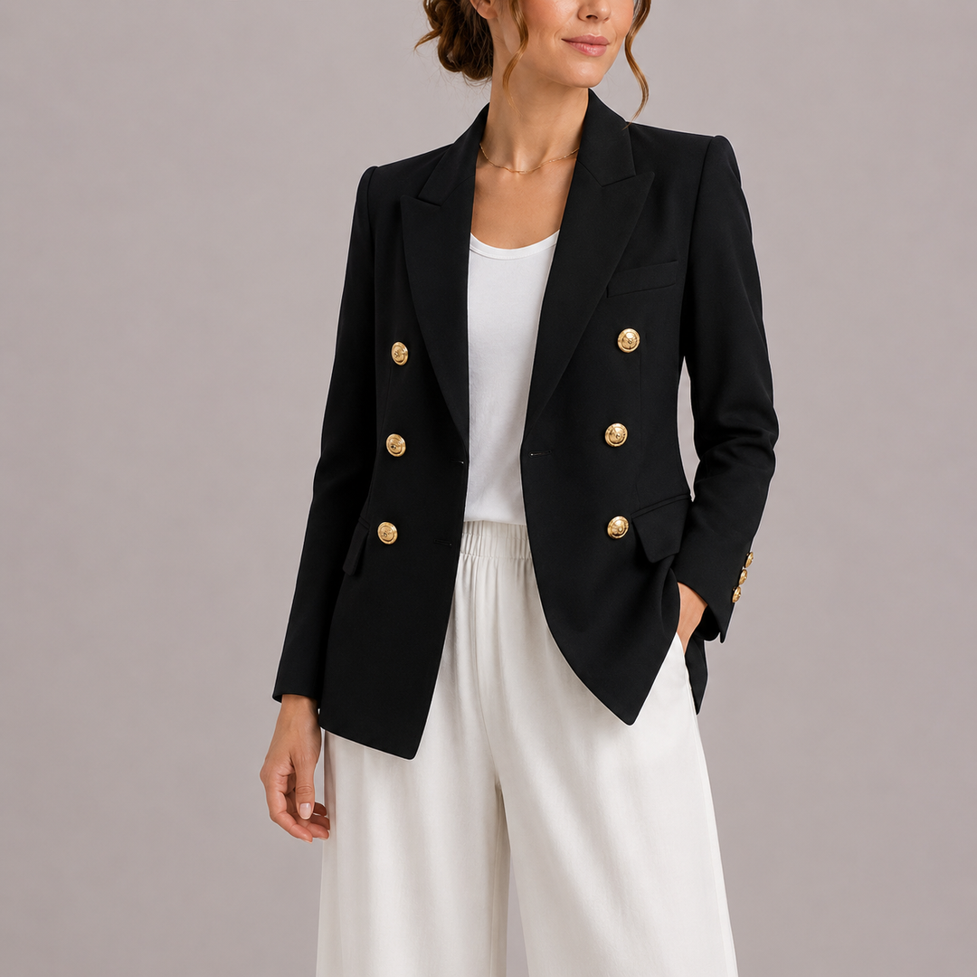 Women's elegant double-breasted blazer with shining gold buttons, perfect for formal wear or chic workwear.