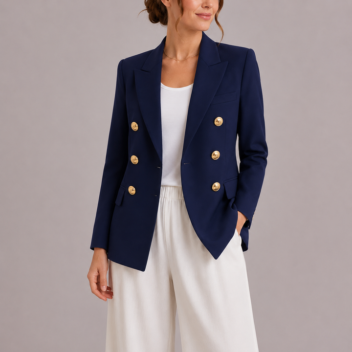 Tailored women's double-breasted blazer, a versatile elegant fashion piece with stylish gold buttons.