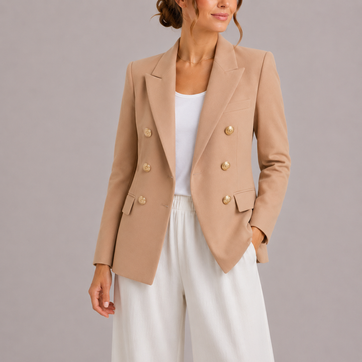 Chic women's double-breasted blazer, featuring elegant gold buttons; ideal for sophisticated workwear.
