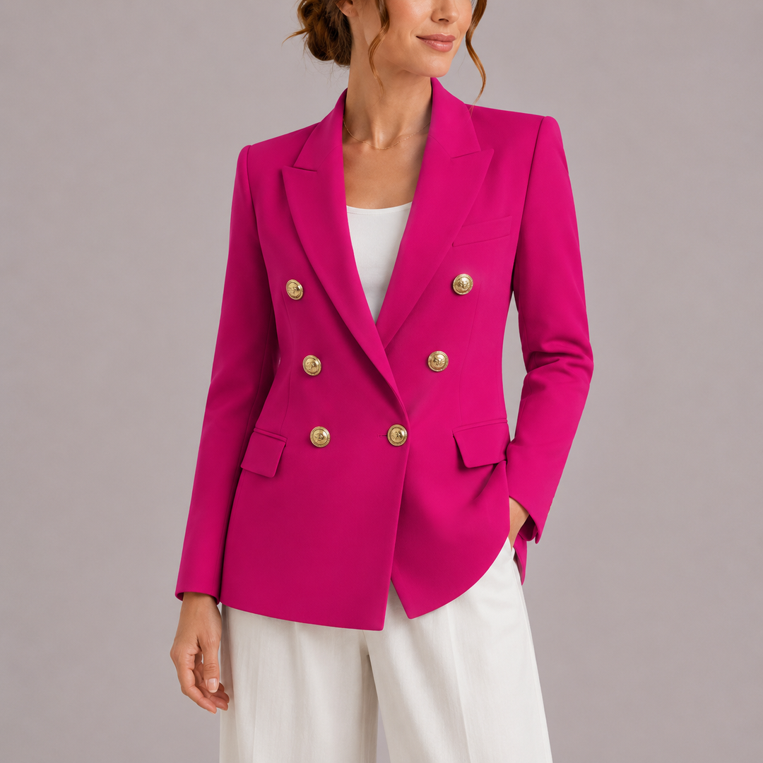Elegant women's double-breasted tailored jacket with luxurious gold buttons, great for business outfits.