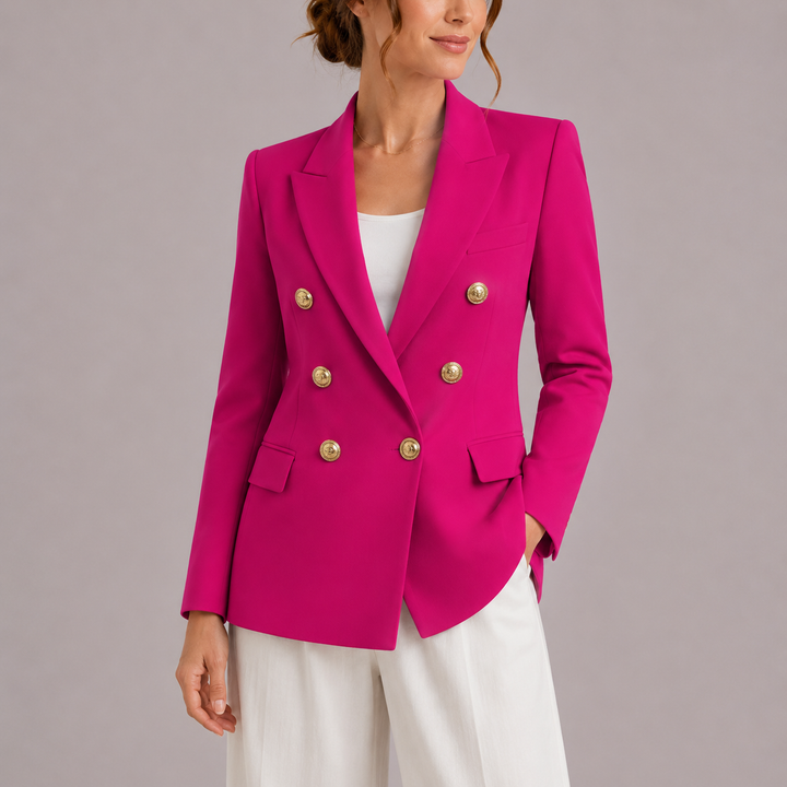Elegant women's double-breasted tailored jacket with luxurious gold buttons, great for business outfits.