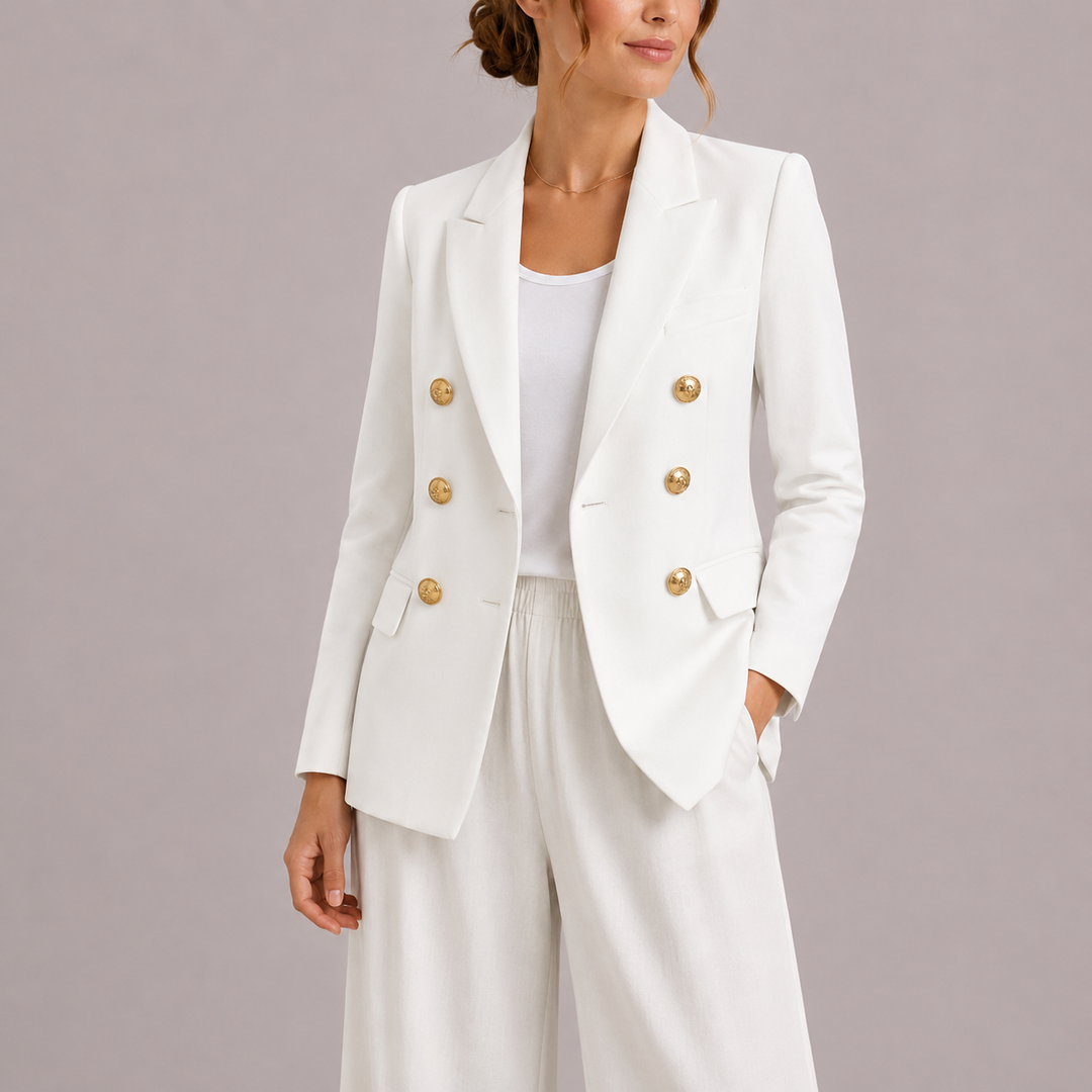 Formal women's double-breasted blazer with prominent gold buttons, a must-have for elegant occasions.