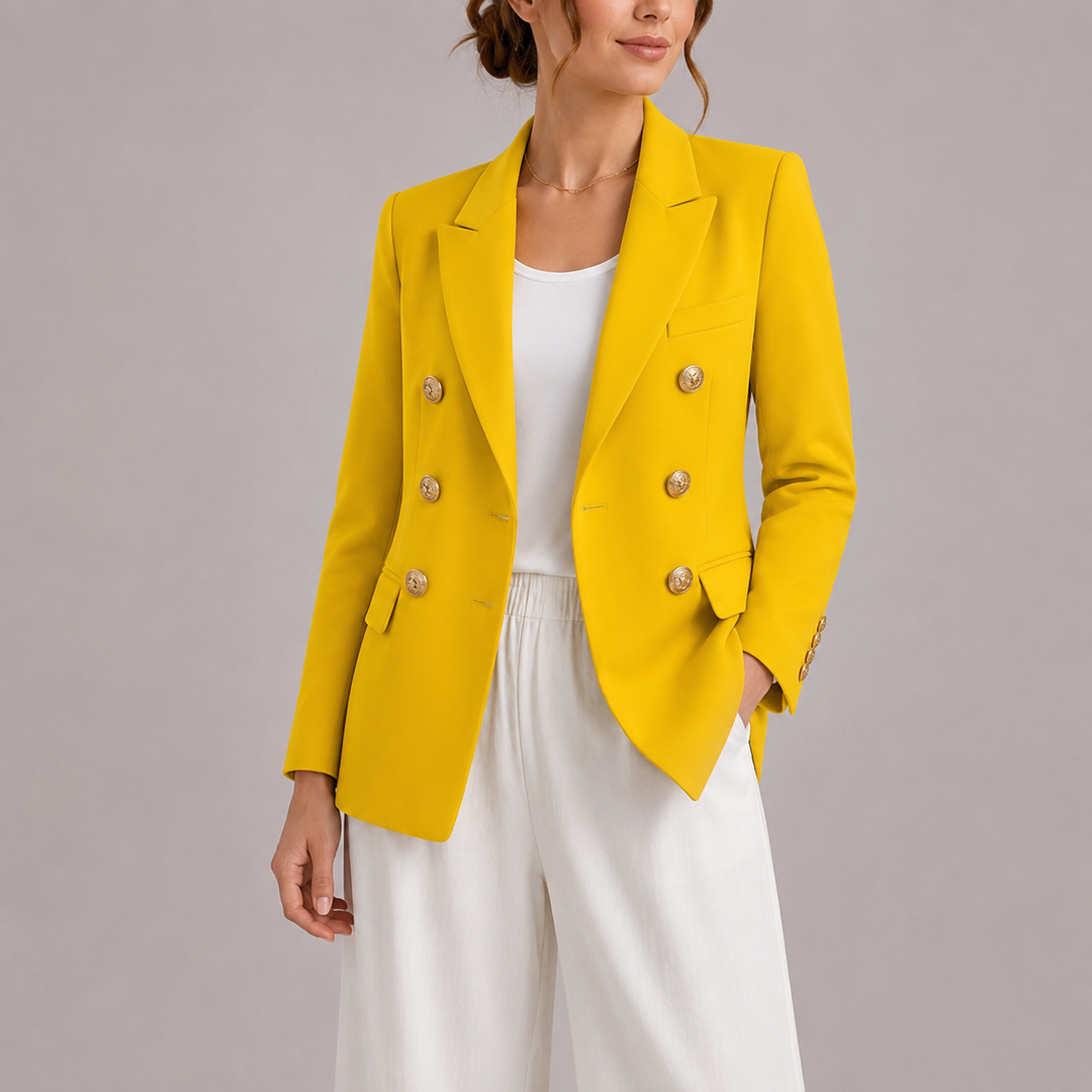 Stylish women's double-breasted outerwear blazer, featuring elegant gold buttons for a chic fashion look.
