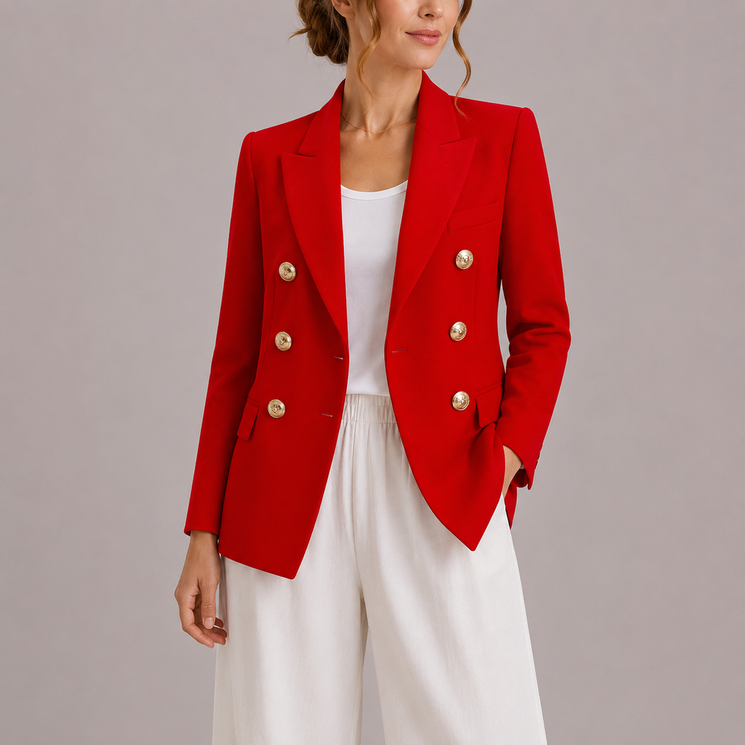 Versatile women's elegant double-breasted blazer with gold buttons, perfect tailored workwear or formal fashion.