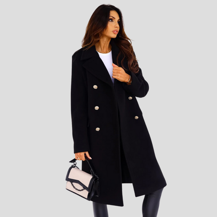 Women's elegant double-breasted coat in a tailored fit, perfect for versatile autumn & winter outerwear.