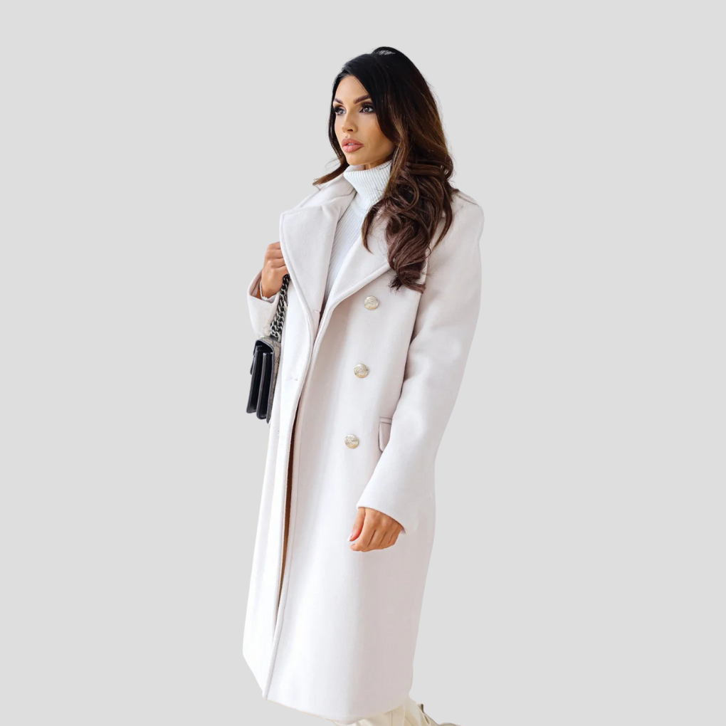 Women's double-breasted jacket, a chic and professional outerwear piece in a timeless, neutral color.