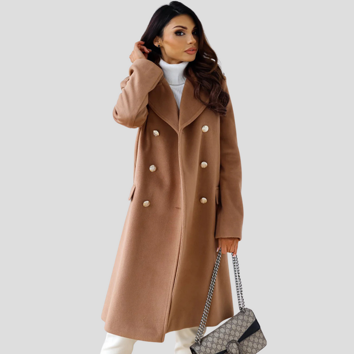 Autumn fashion essential: a women's double-breasted coat with tailored fit for elegant and versatile styling.