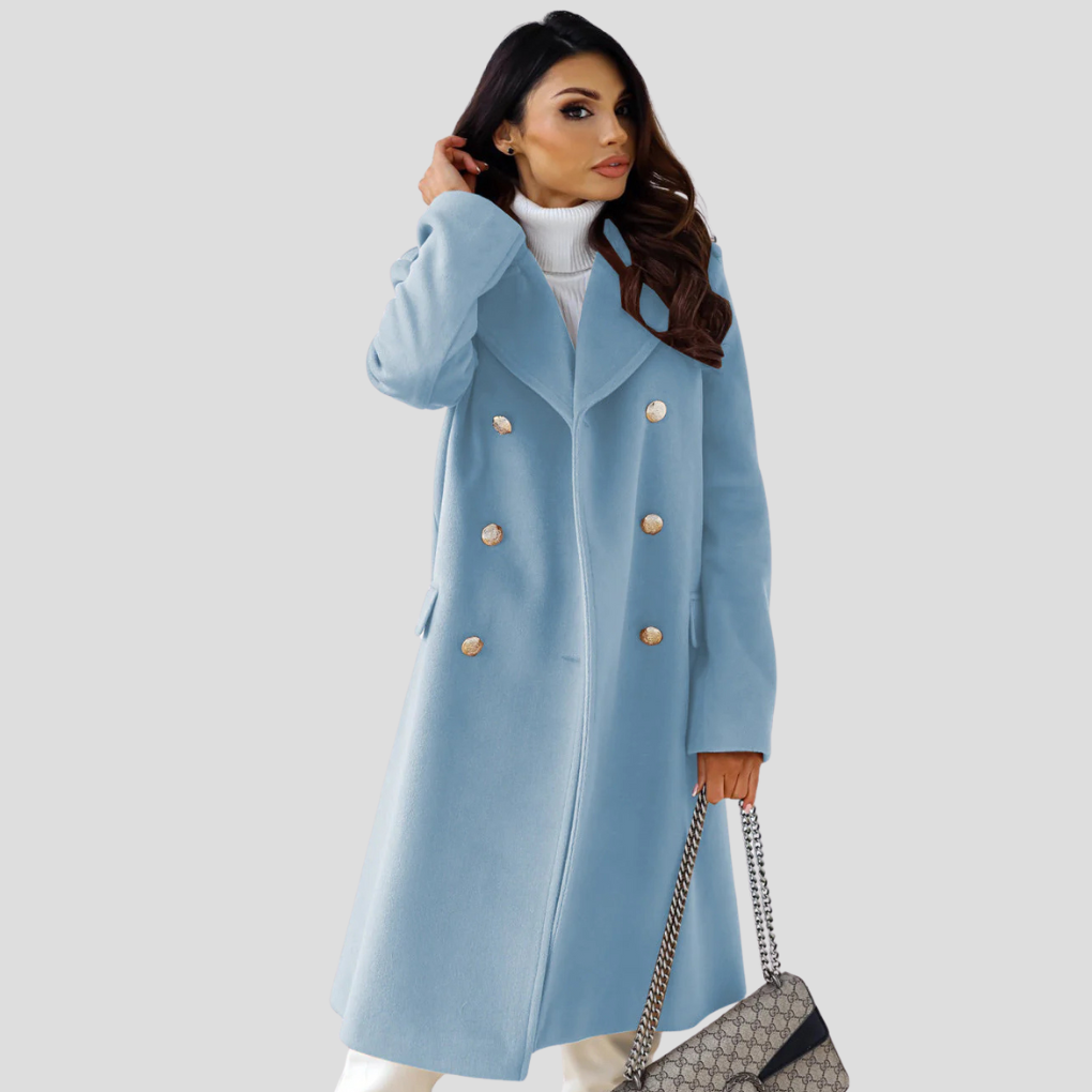Elegant women's double-breasted tailored coat, perfect for professional attire & stylish winter looks.
