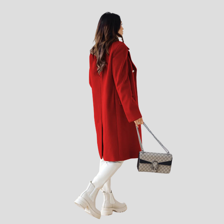 Women's double-breasted winter coat in a beautiful camel tone, a versatile and elegant outerwear choice.