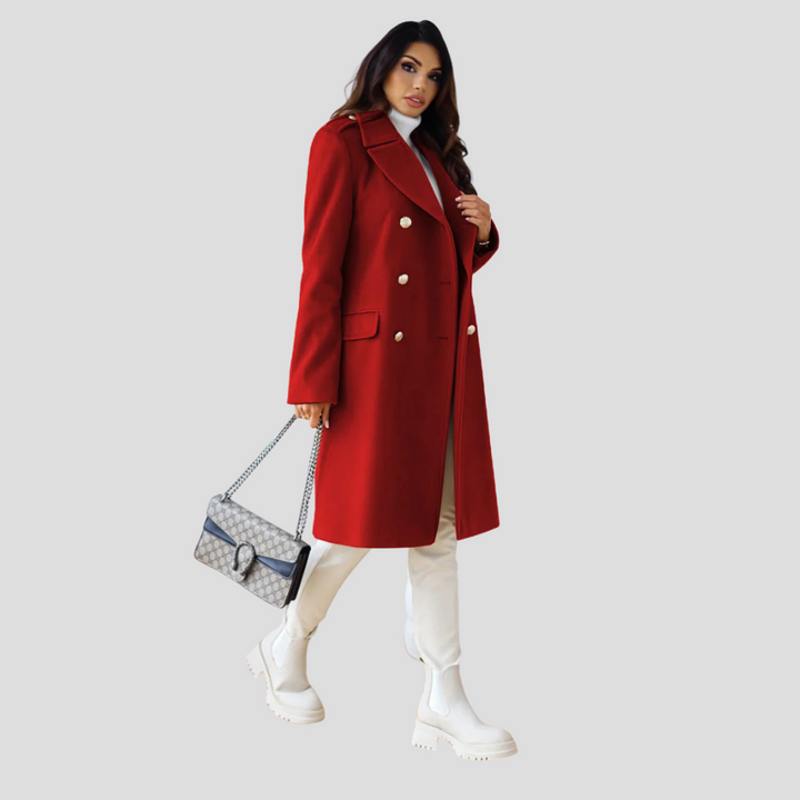 Stylish women's black double-breasted coat, a tailored fit jacket for elegant professional or casual fashion.