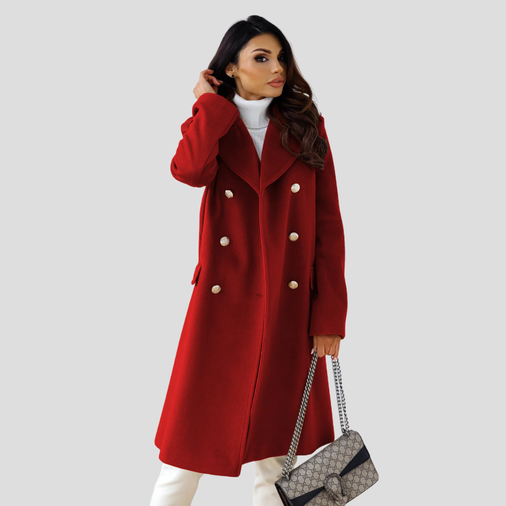 Front view of a women's elegant double-breasted long coat, showcasing its tailored fit & chic design.
