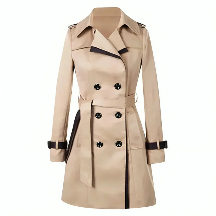 Women's elegant double-breasted trench coat with belt. Classic long outerwear for autumn & spring fashion.