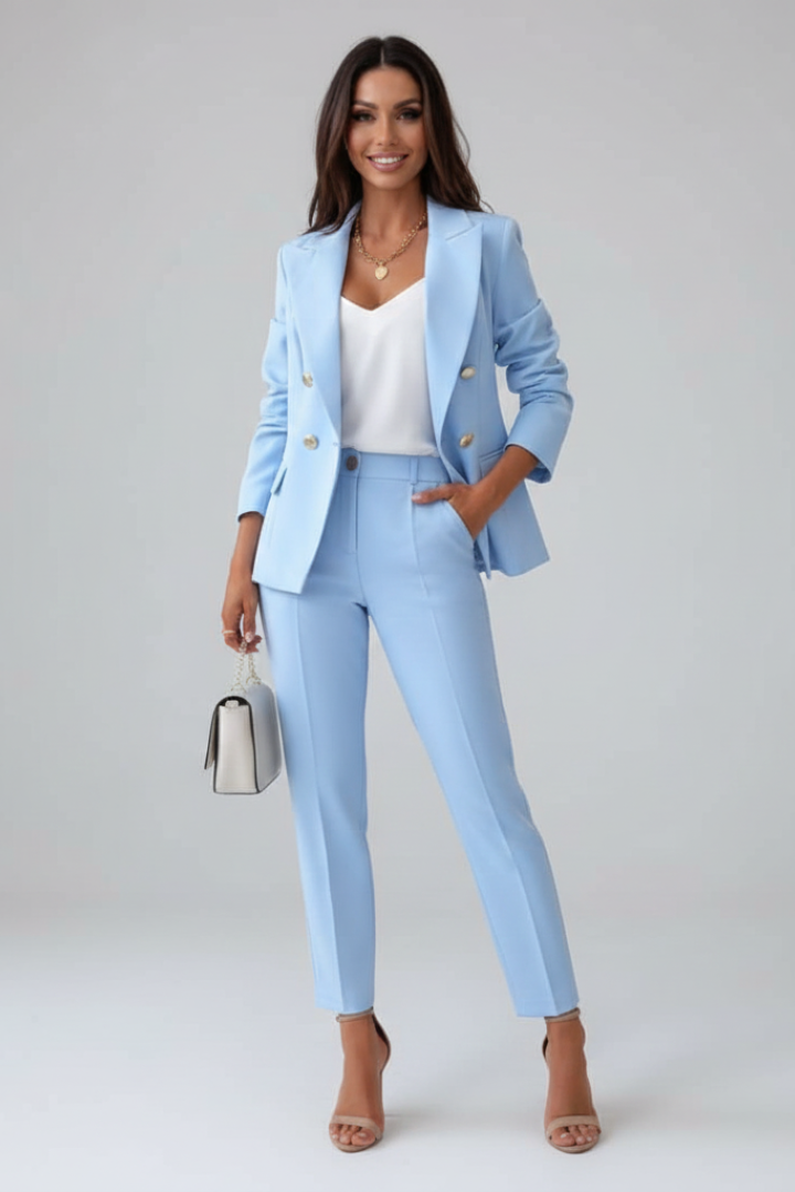 Tailored women's double-breasted suit, a chic two-piece for sophisticated ladies fashion & professional attire.