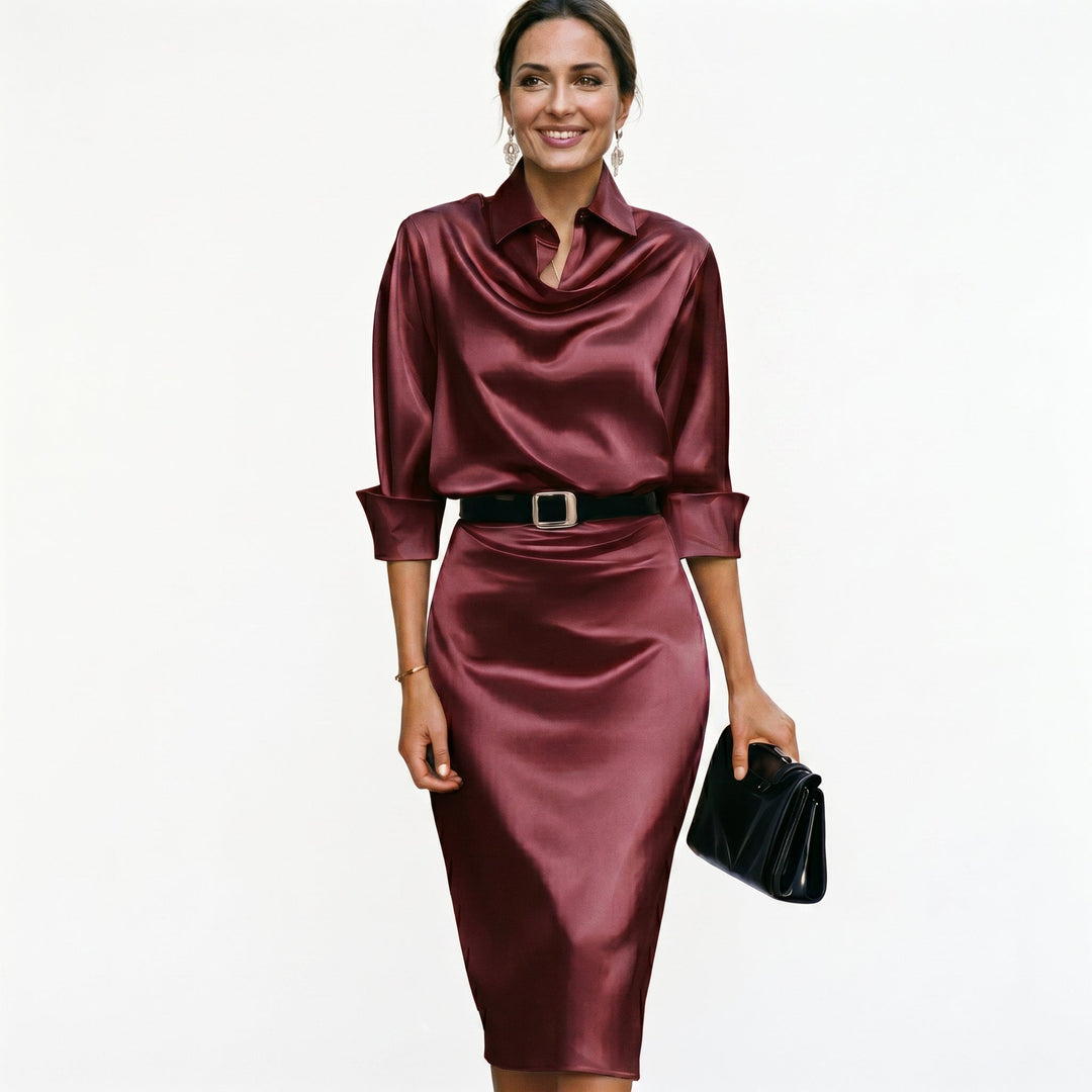 Women's elegant draped neck midi dress, perfect for wedding guests or special occasion cocktail parties.