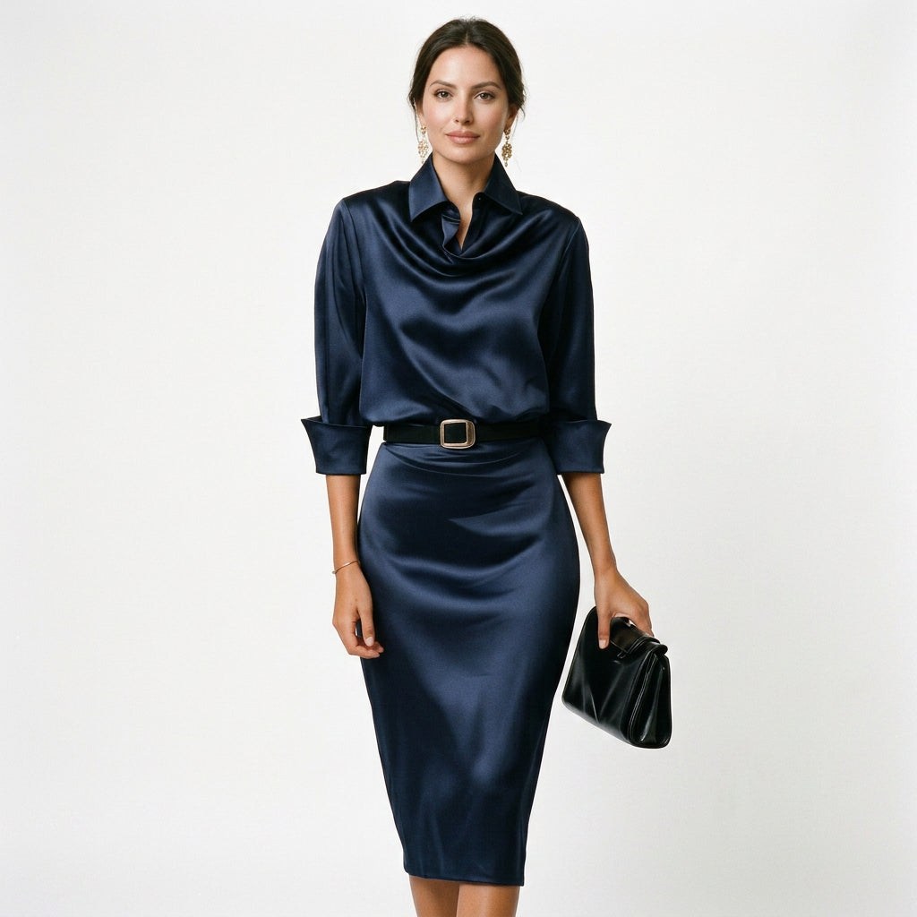 Women's elegant draped neck midi dress. Ideal wedding guest, cocktail, or formal party dress with belted detail.