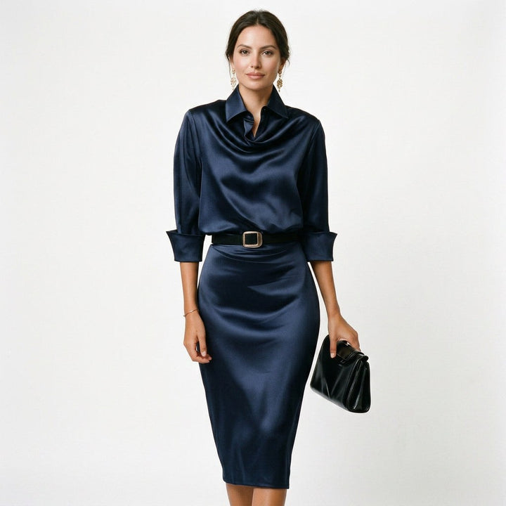 Women's elegant draped neck midi dress. Ideal wedding guest, cocktail, or formal party dress with belted detail.