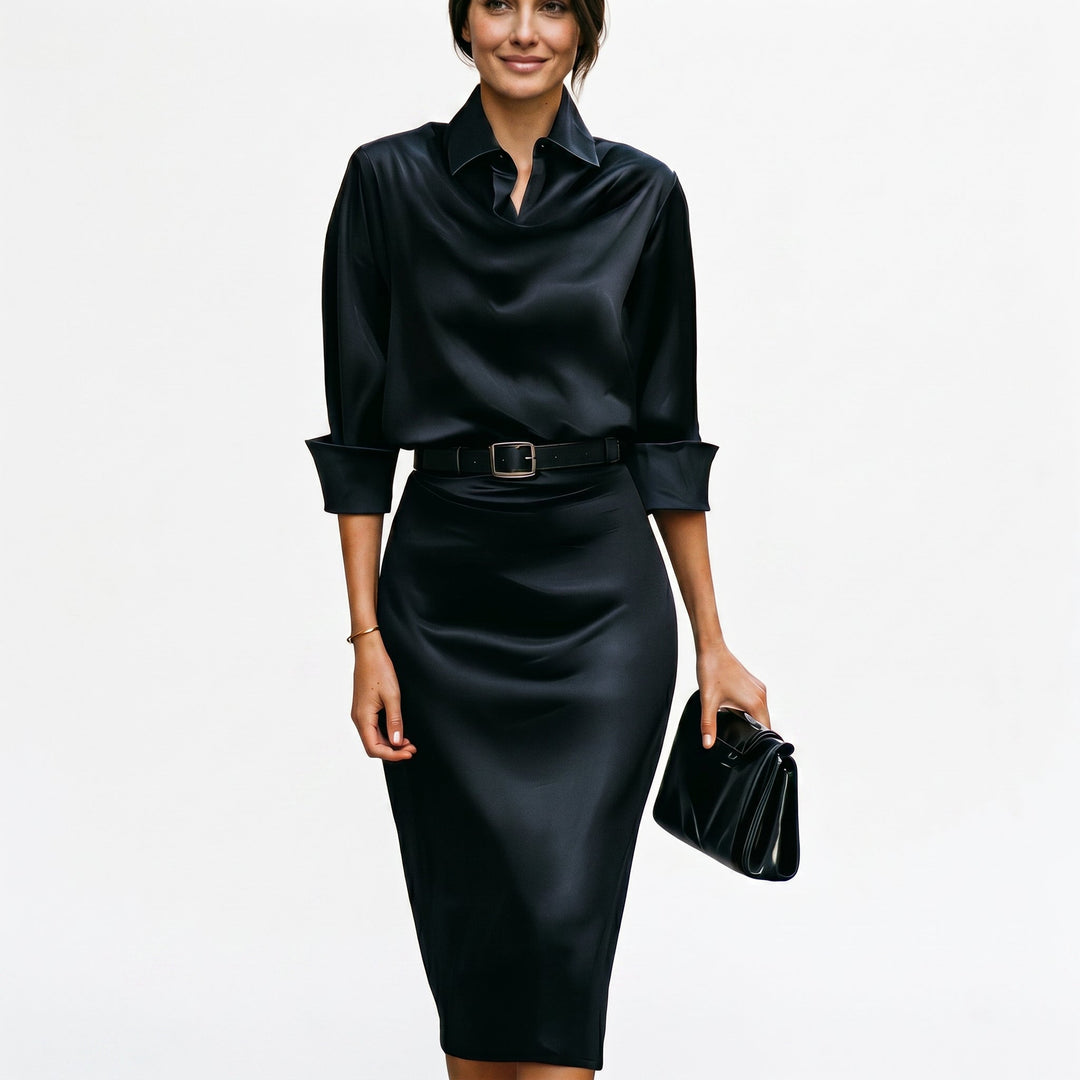 Elegant women's draped neck midi dress with belted waist, a chic choice for wedding guests & evening wear.