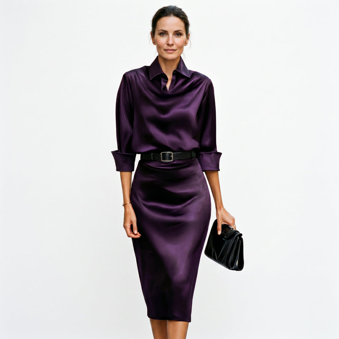 Versatile women's draped neck midi dress, a stunning formal dress for wedding guests, parties, or special events.