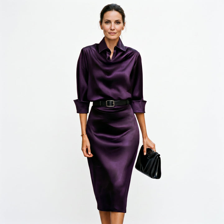 Versatile women's draped neck midi dress, a stunning formal dress for wedding guests, parties, or special events.
